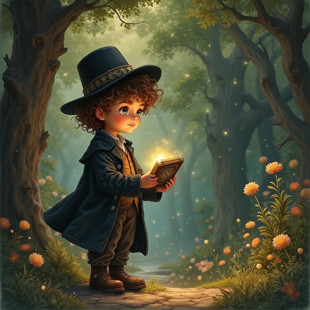 Hasidic Boy in Mystical Grove, Storybook Illustration