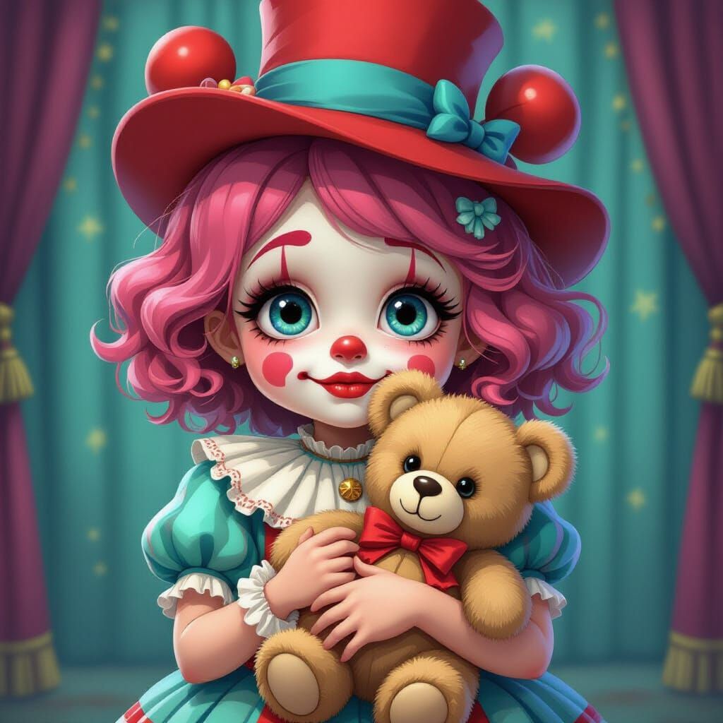 Sad Clown Girl With Teddy Bear, Victorian Flair