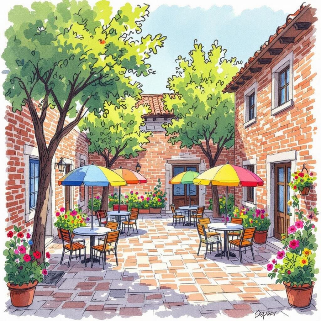 Childlike Crayon Courtyard Art with Trees and Umbrellas