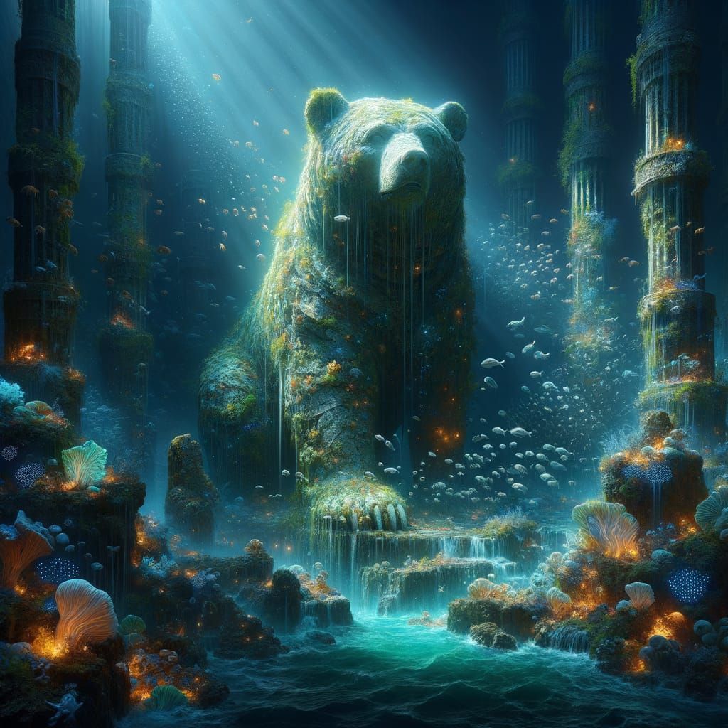 Ancient Bear Statue in Bioluminescent Underwater Kingdom