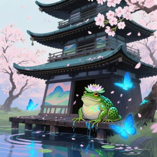 Yamato-e Pagoda with Kappa Amidst Cherry Blossoms