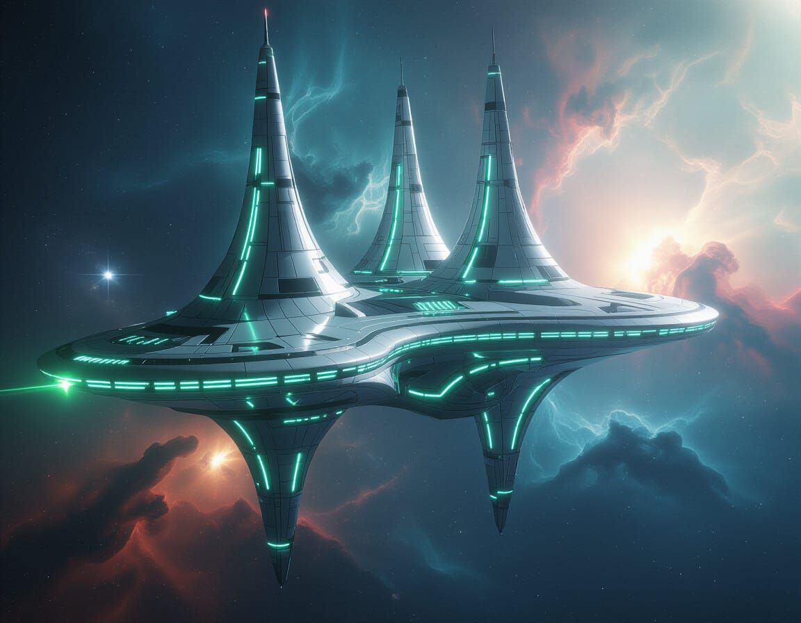 Futuristic Space Station with Spires in Cosmic Nebula