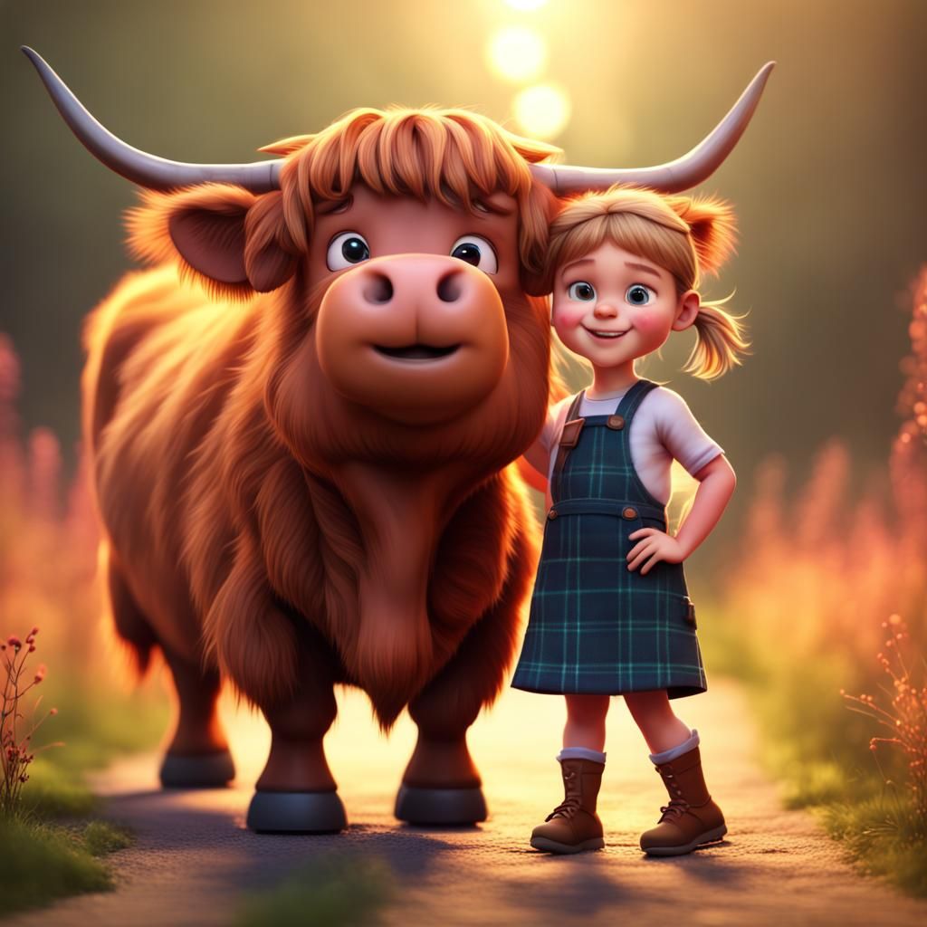 Girl and Highland Cow in Pixar Style