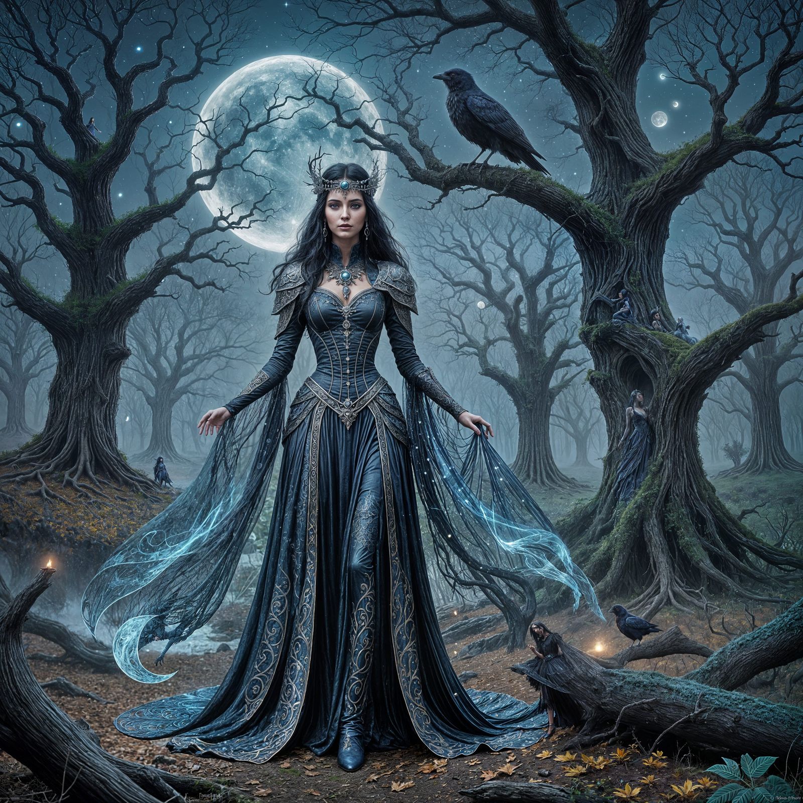 Sorceress Polgara in Elaborate Blue Gown with Moonlit Fabric...