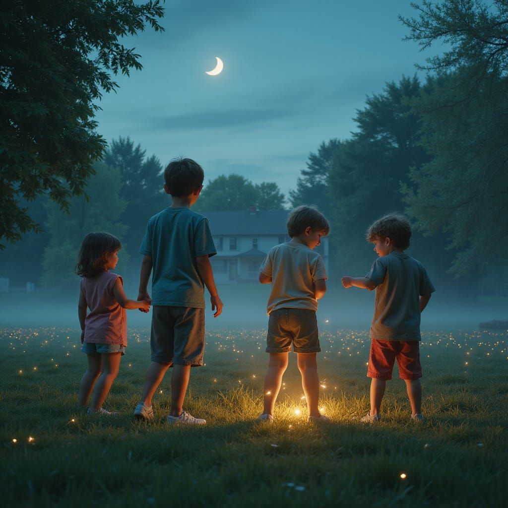 Children Catching Fireflies at Twilight, Hyperdetailed Digit...
