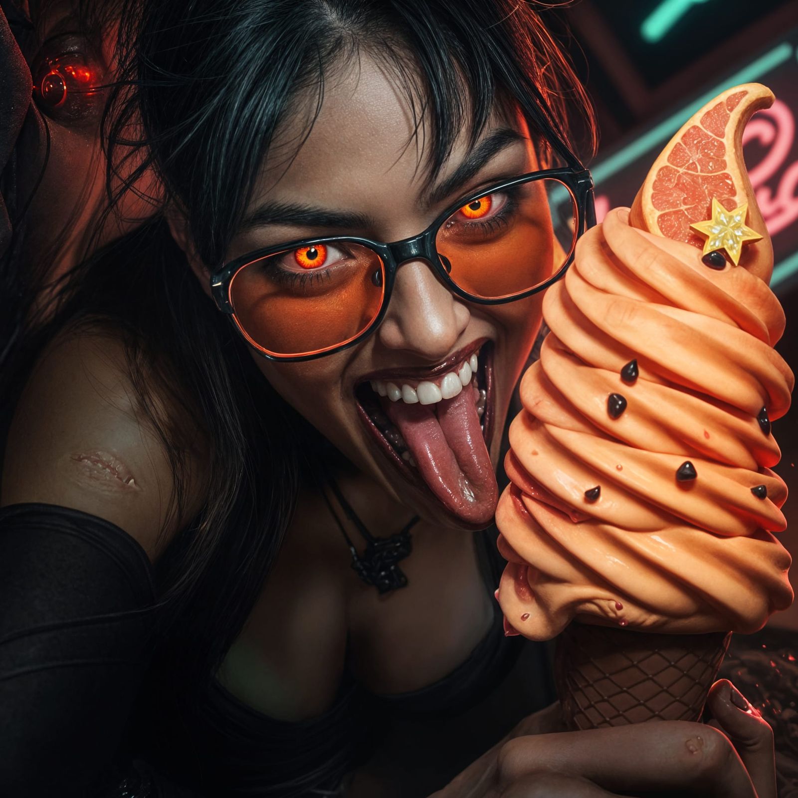 Neon-Eyed Woman Craves Ice Cream: Digital Art