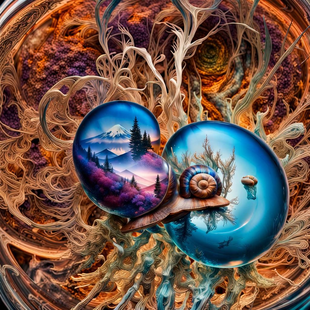 Crystal Snail and Mount Fuji: Digital Art