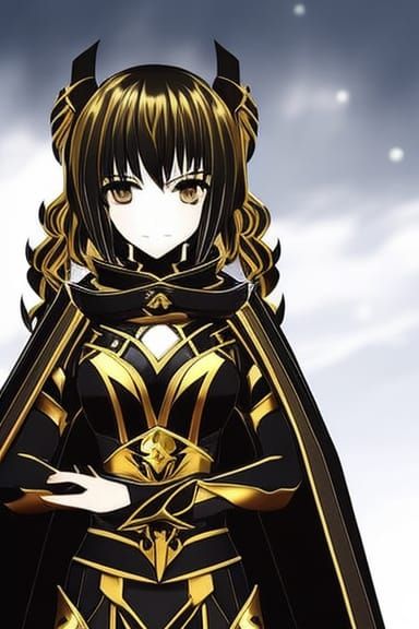 Anime Girl in Detailed Black and Gold Armor