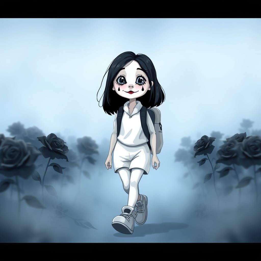 Mime Amidst Black Roses in a Dreamlike Landscape