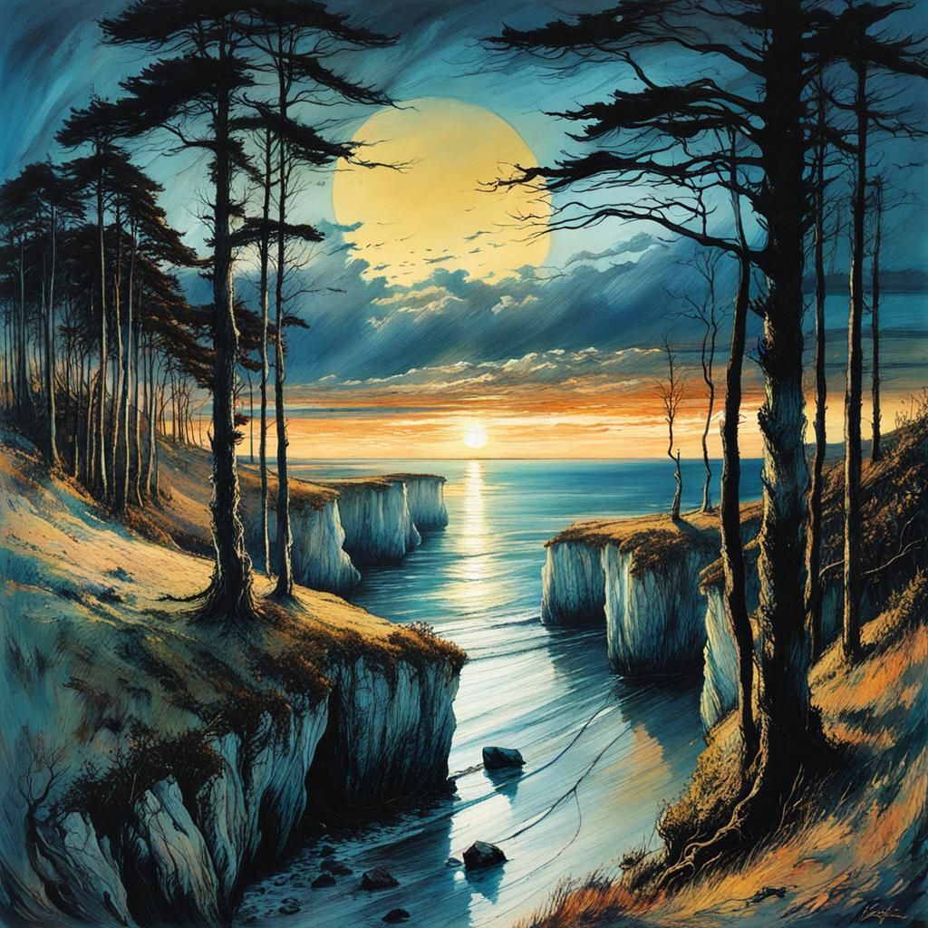 Rügen Chalk Coast at Sunset: Golden Age Illustration