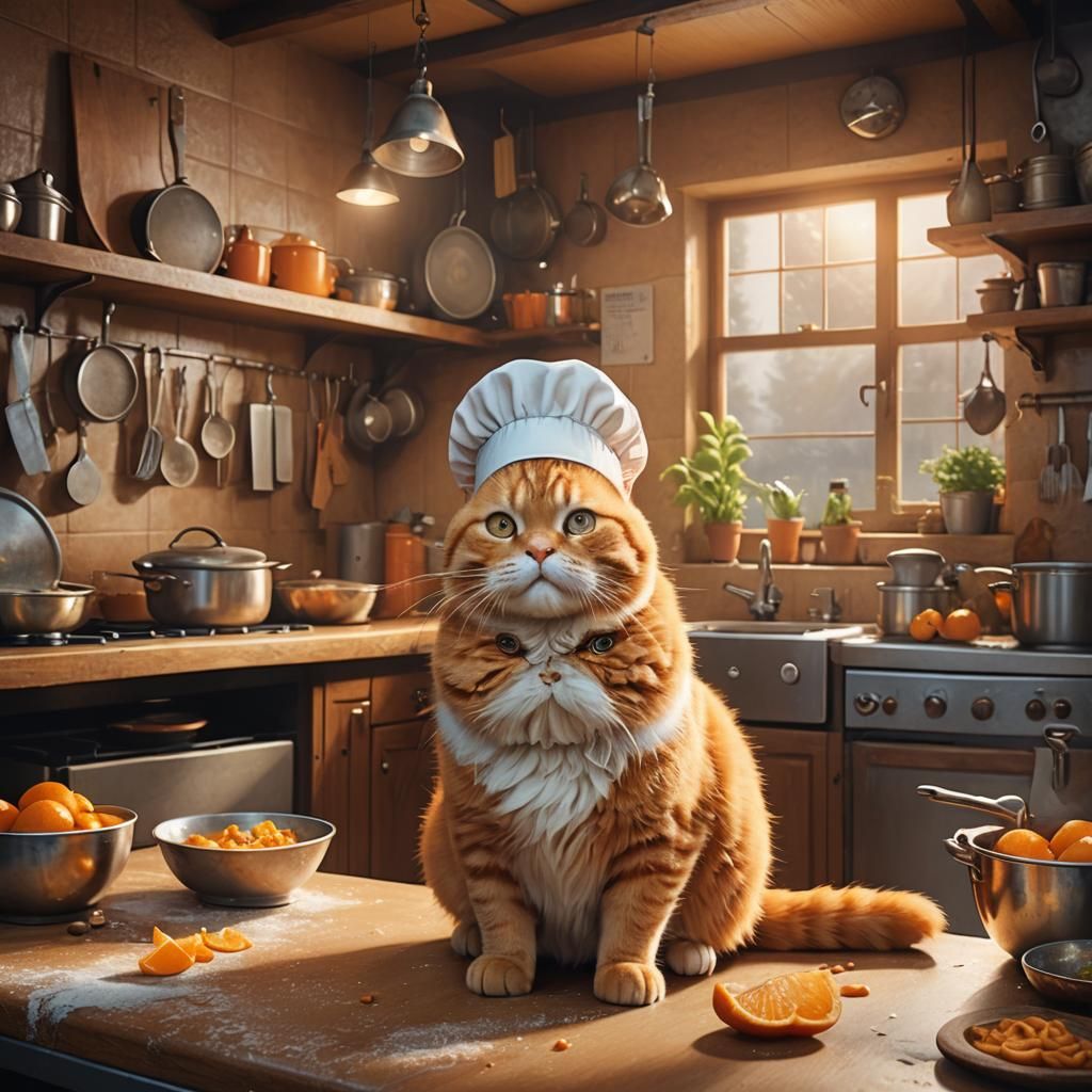 Chubby Orange Cat Chef in Cozy Kitchen
