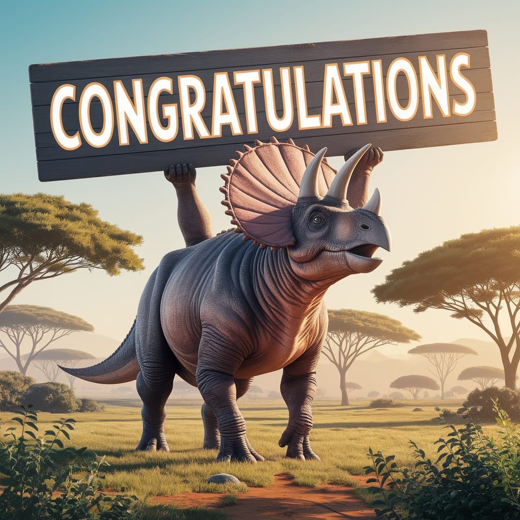 Triceratops Celebrates with a Congratulations Sign