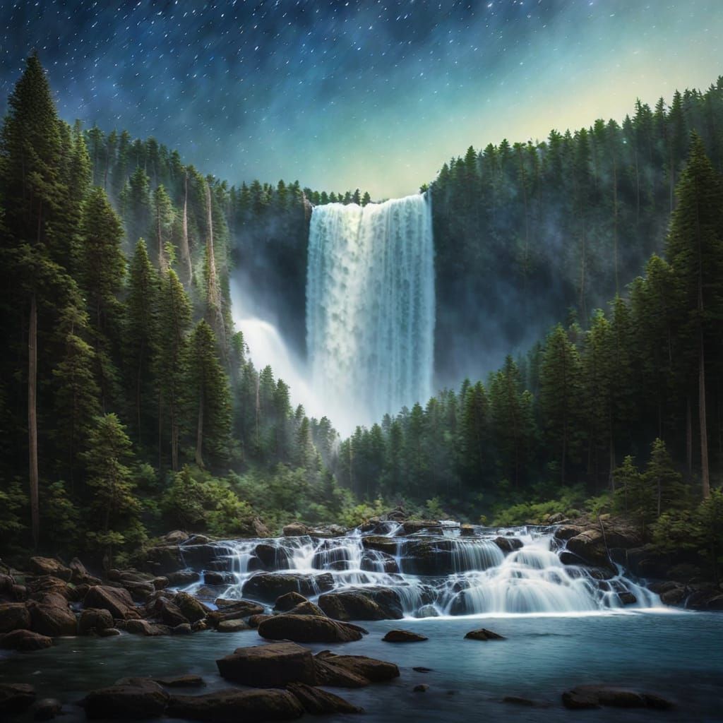 Enormous Star Waterfall Flows to Detailed Forest