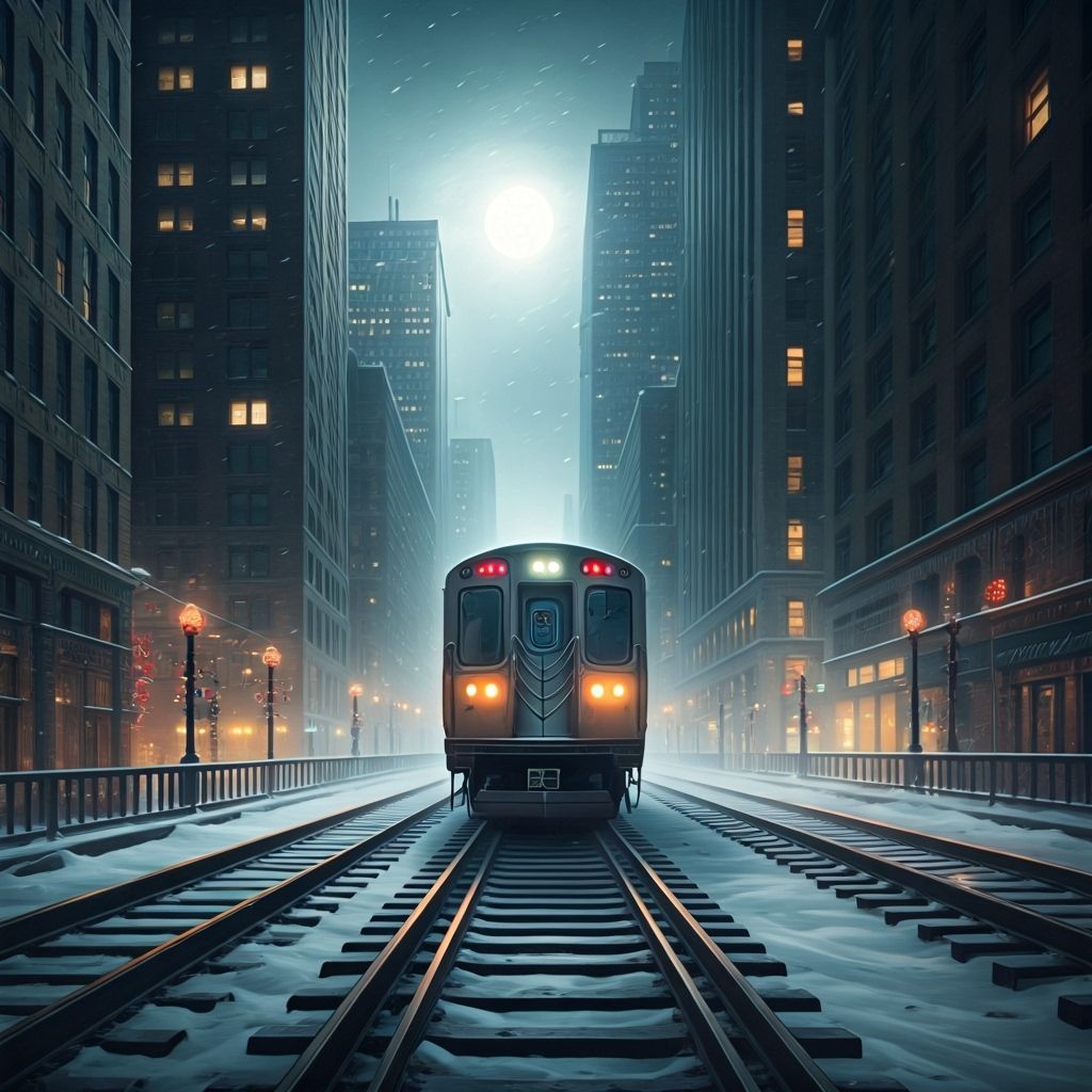 Chicago L Train in Blizzard: Moonlit Night