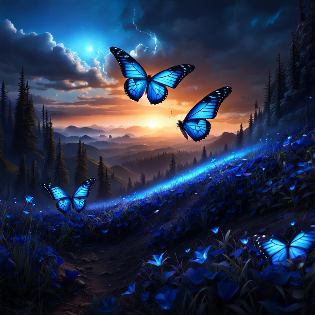 Mystical Blue Butterfly on a Hill at Night