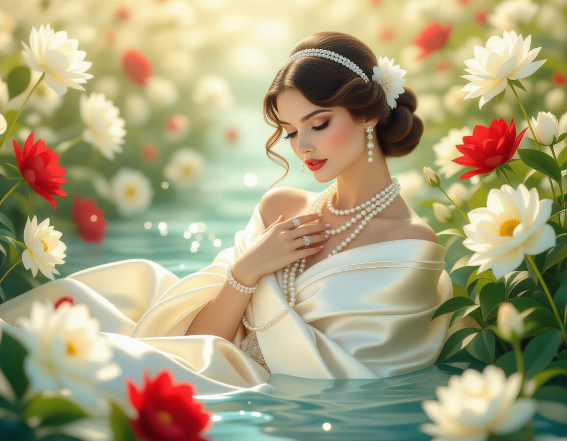 Elegant Woman in Pearl Threads, Fantasy Garden