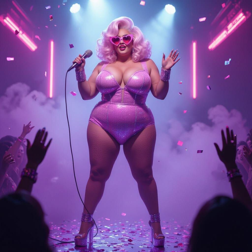 Confident Pop Diva in Neon Fog, Digital Matte Painting