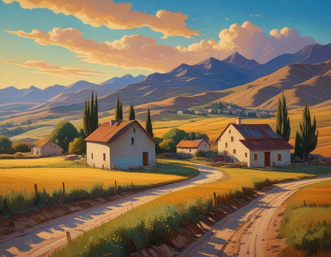 1800s Spanish Farm Landscape Oil Painting