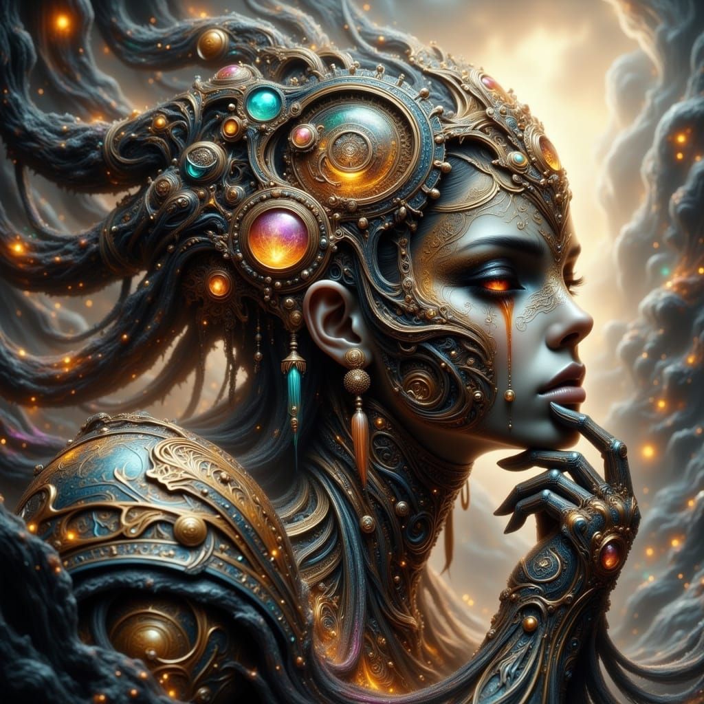 Steampunk Golem in Ruined City, Art Nouveau Style