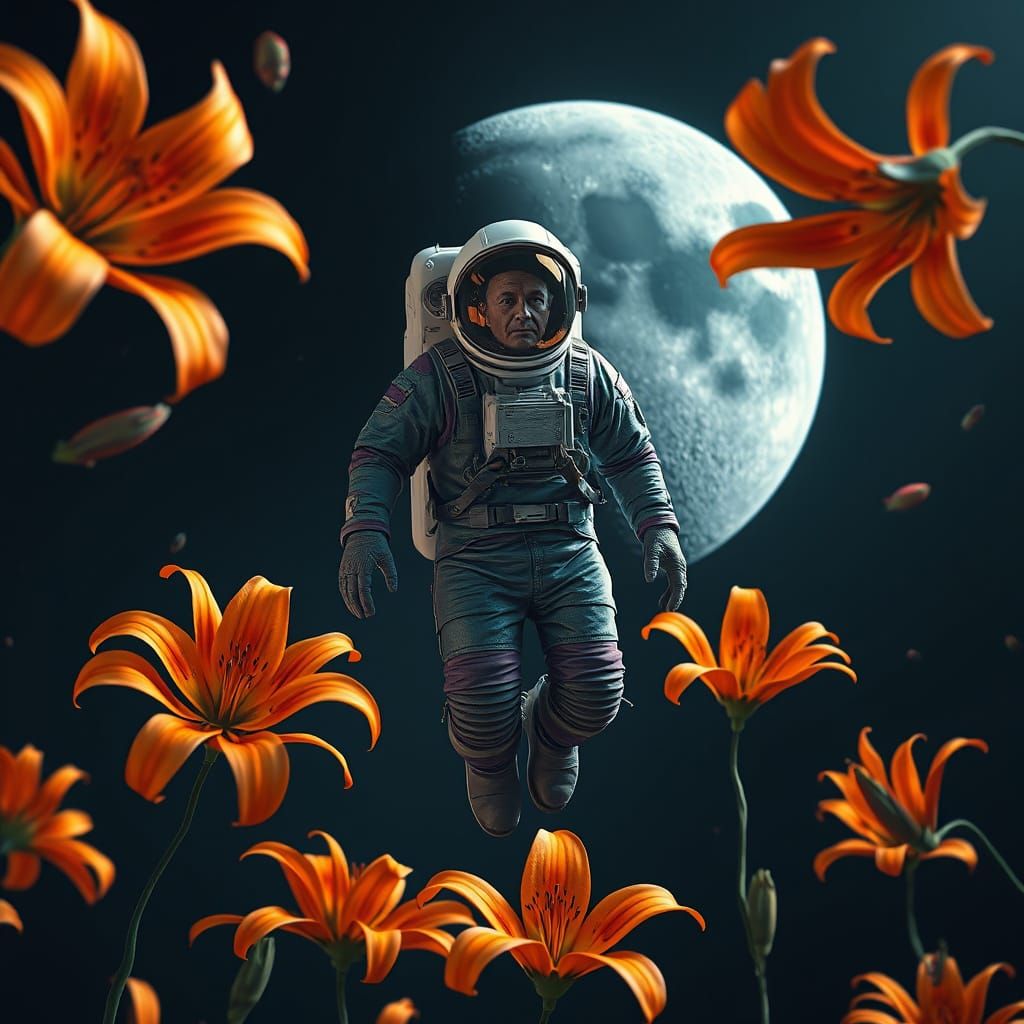 Astronaut Adrift Among Luminous Lilies in Celestial Landscap...