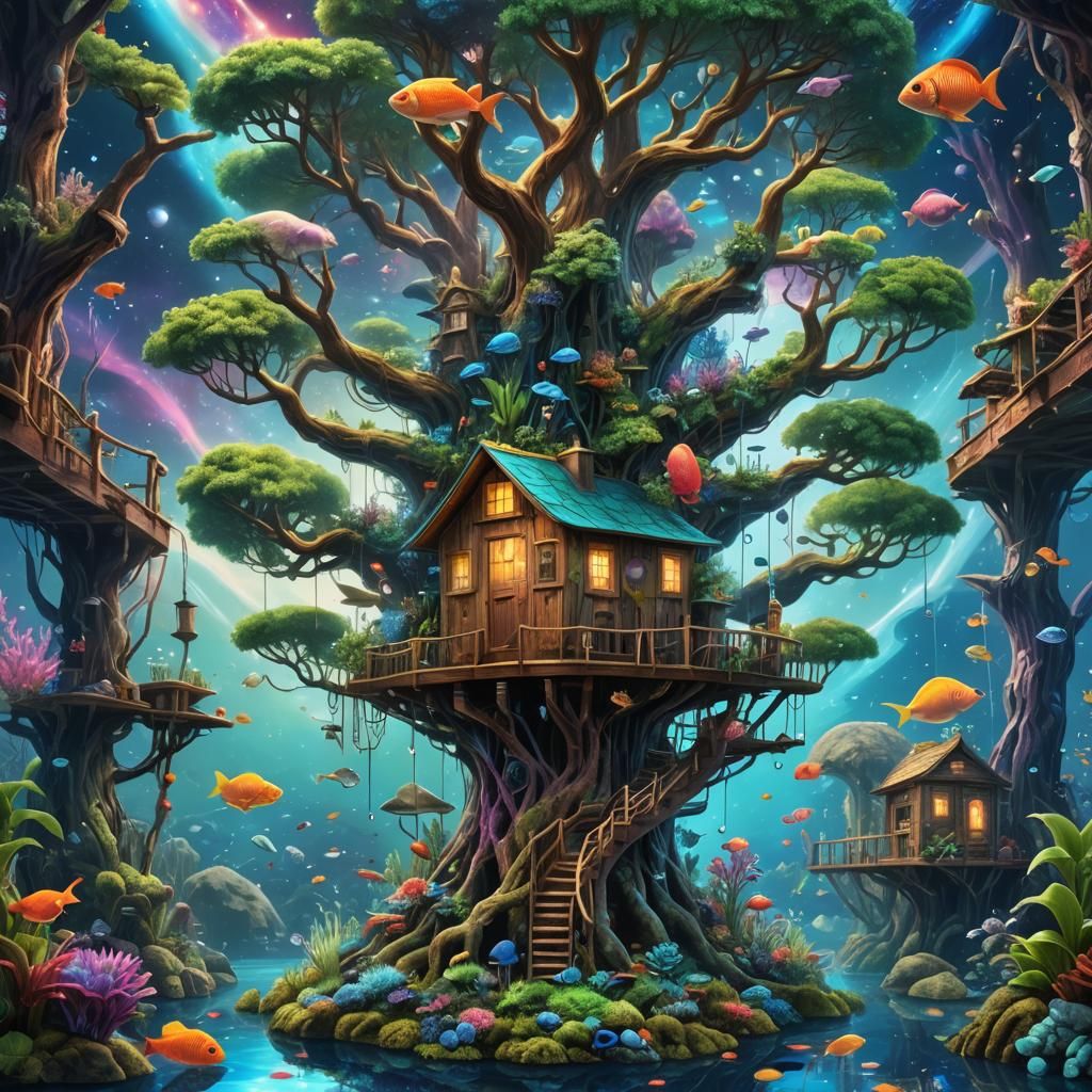 Cosmic Aquarium Treehouse in Astral Illustration Style