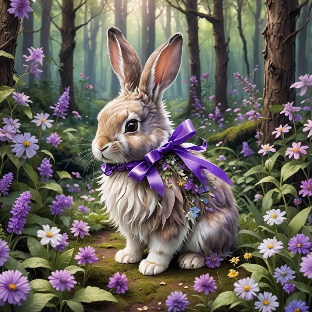 Fluffy Rabbit with Purple Ribbon in Fairy Forest