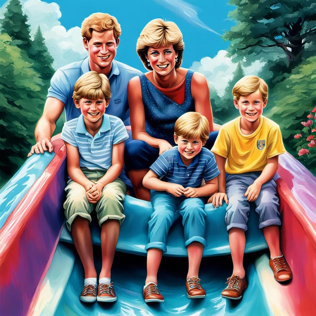 Princess Diana with Prince Harry and Prince William on the waterslide in a theme park in the UK Epic cinematic brilliant...