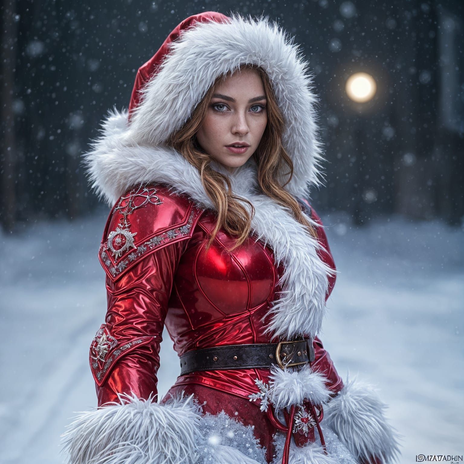 Beautiful Woman in Hyperrealistic Christmas Armor