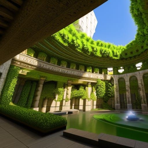 Green Tile Atrium with Stone Fountain: 3D Render