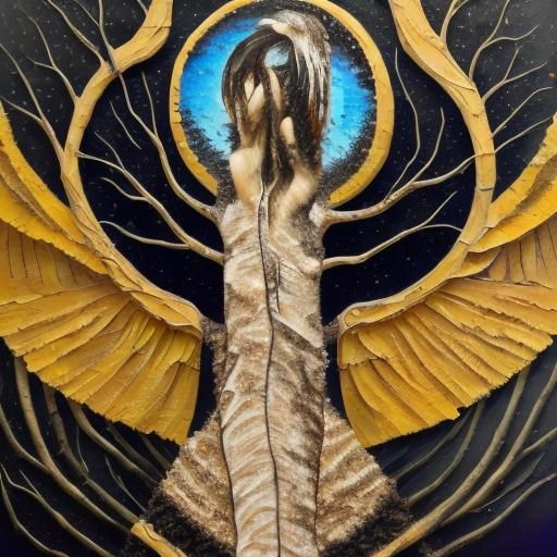Surreal Pregnant Bone Tree with Wings, Impasto Oil