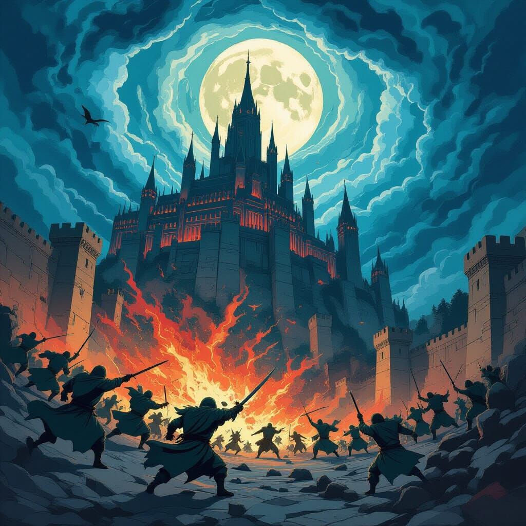 Ukiyo-e Battle Scene: Goblins Attack Minas Tirith