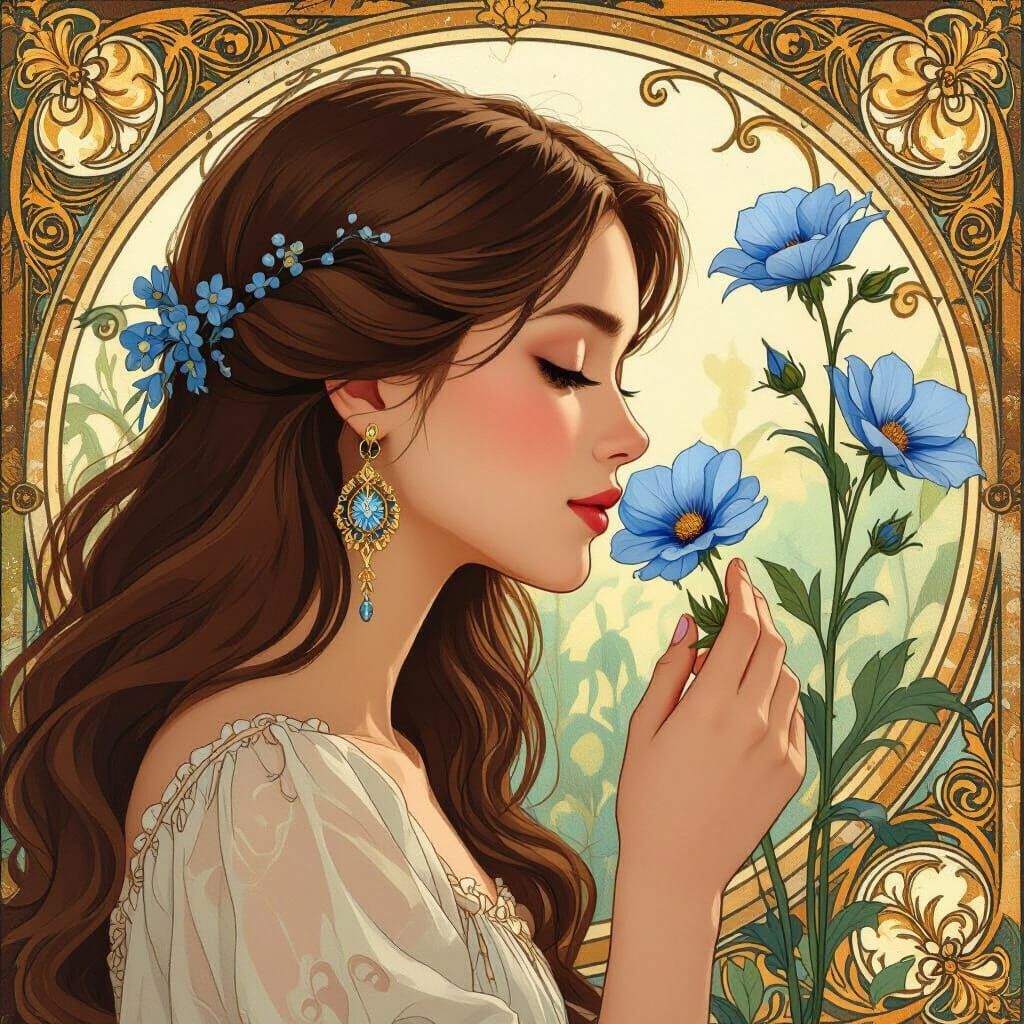 Girl Smelling Flower in Art Nouveau Style