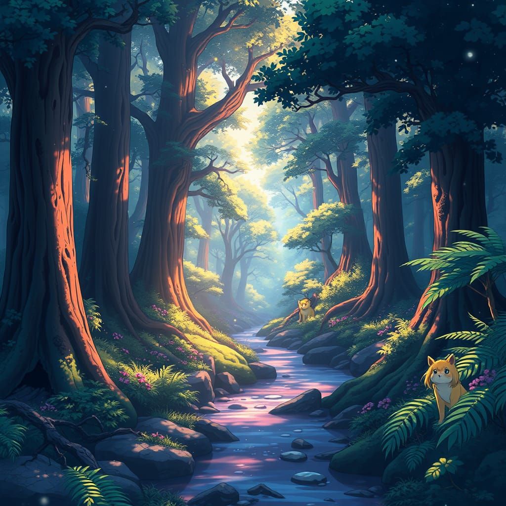 Enchanting Forest Scene in Anime Style