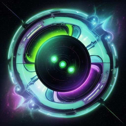 Alien cat of the stars green fur and antenna but almost large black eyes slanted flying a disc shape spaceship