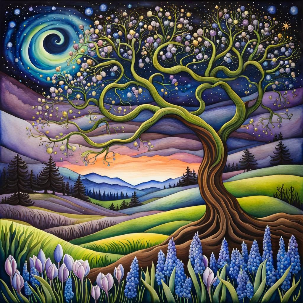 Whimsical Spring Landscape with Starry Sky