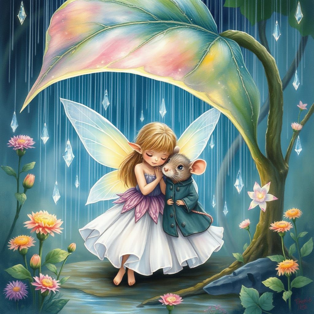 Fairy and Rat Under Leaf in Magical Watercolor Rainstorm