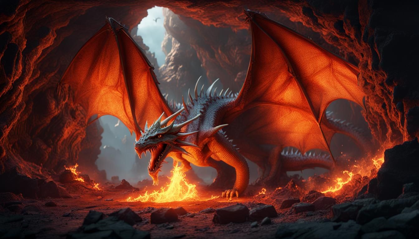Majestic Dragon in Cave with Fire, Detailed Matte Painting