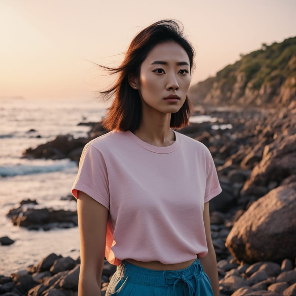 Oriental Woman on Rocky Beach at Dawn: Film Noir