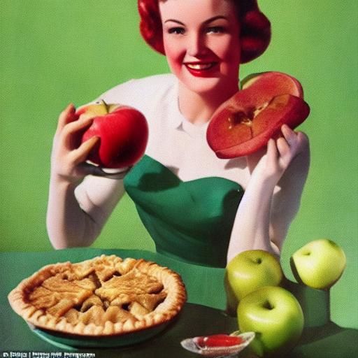 Smiling Pin-Up Woman with Apple Pie in Pastel Colors