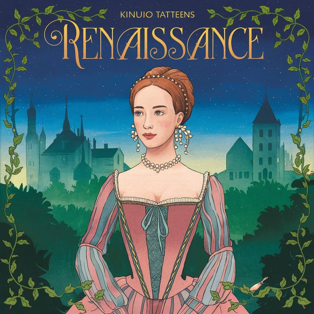Renaissance Album Cover with Harpist in Renaissance Landscap...