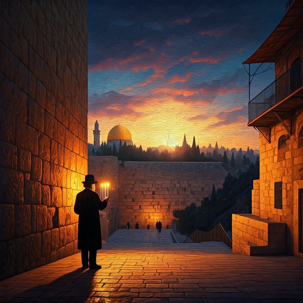 Hasidic Abbot Lights Hanukkah Candles: Dreamlike Matte Paint...