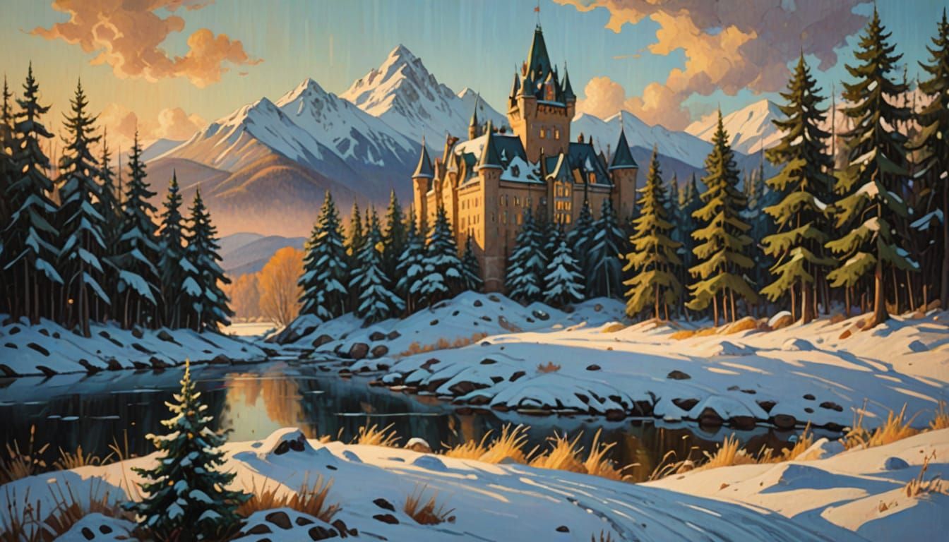 Surreal Canadian Winter Wonderland in Dreamy Oil Painting St...
