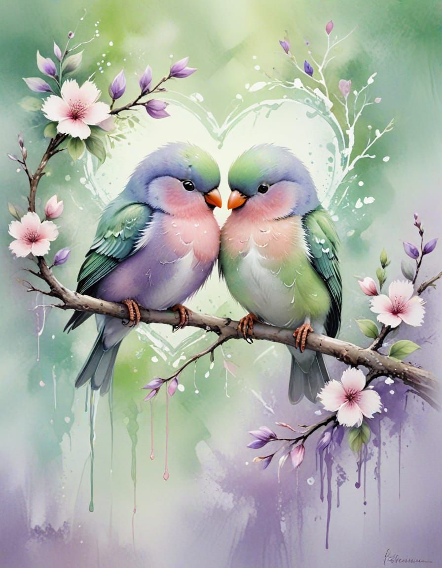 Love Birds on Heart Branch in Watercolor Style
