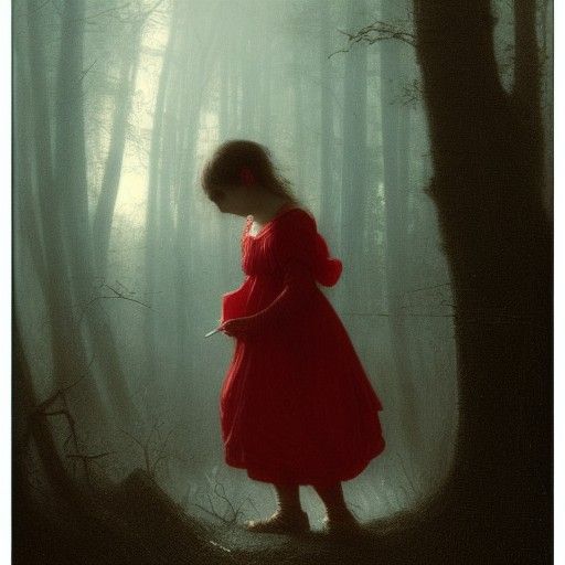 Girl with Red Balloon in Dark Fantasy Forest