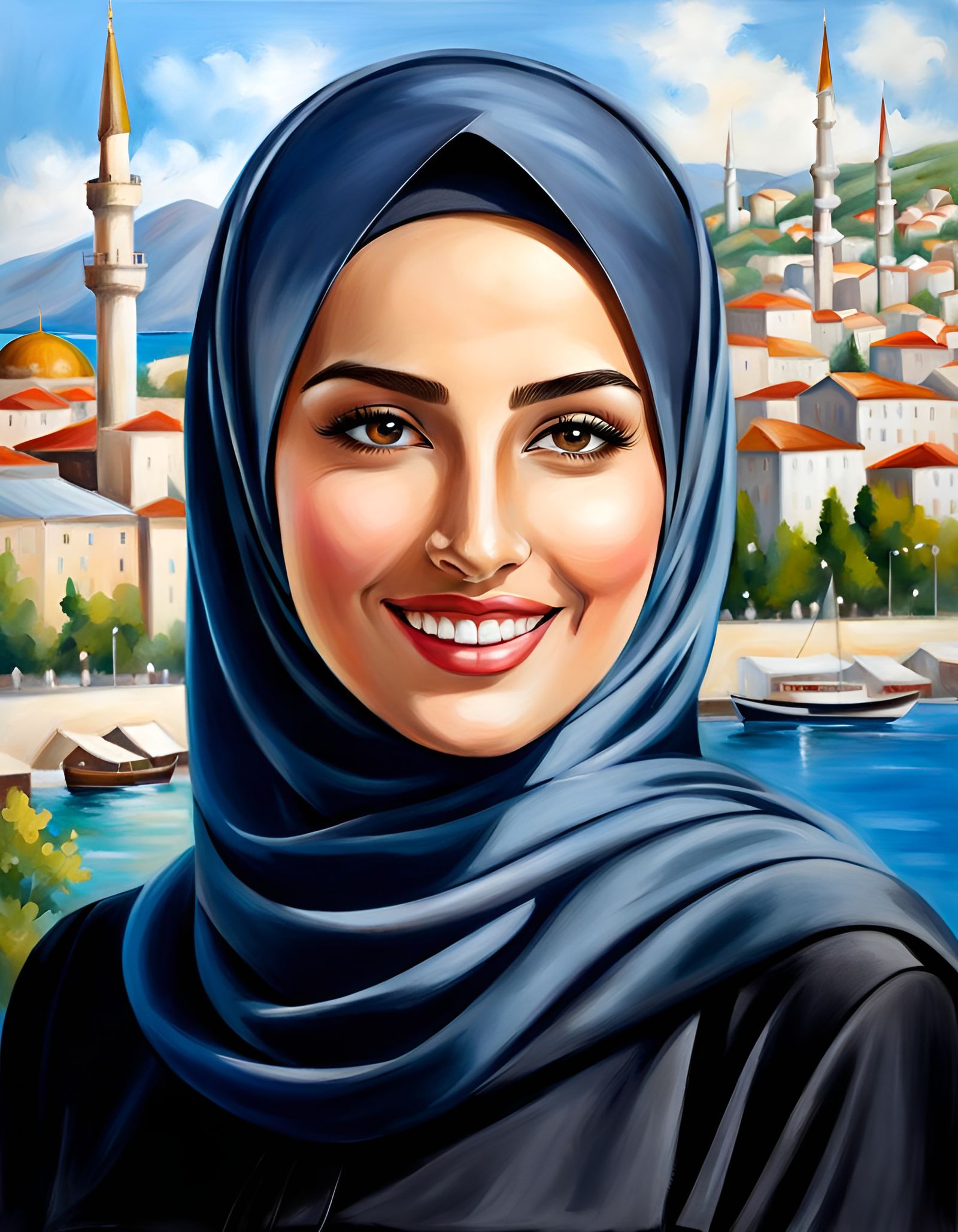 Elegant Hijabi Woman in Coastal Turkish City