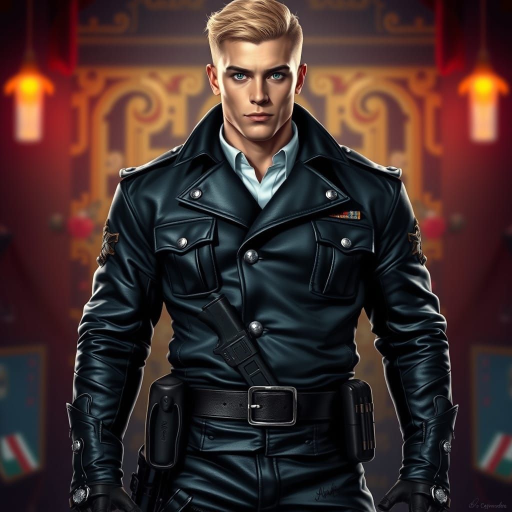 Handsome European Man in Hyperrealistic Police Attire