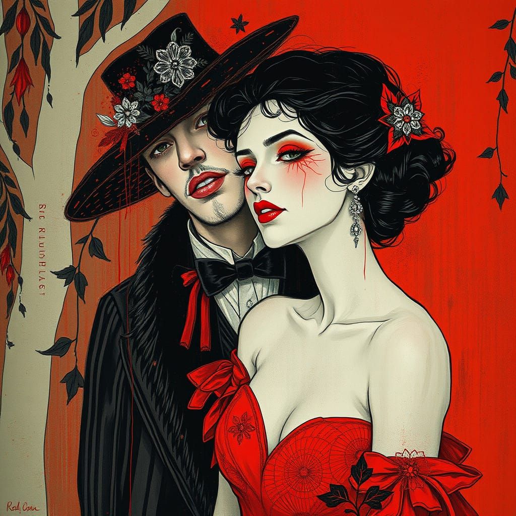 Ethereal Red Goddess in a Whimsical Victorian Aesthetic