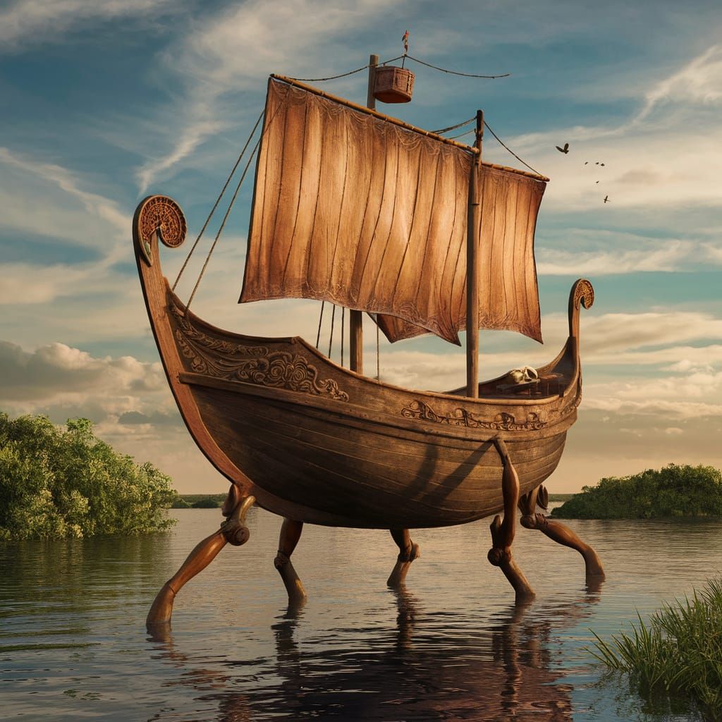 Fantastical Walking Boat on Calm Waters