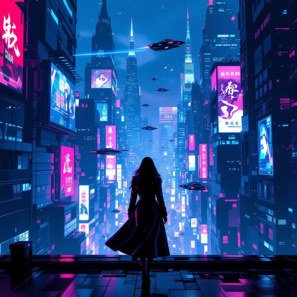 Cyberpunk Cityscape at Dusk with Mysterious Woman