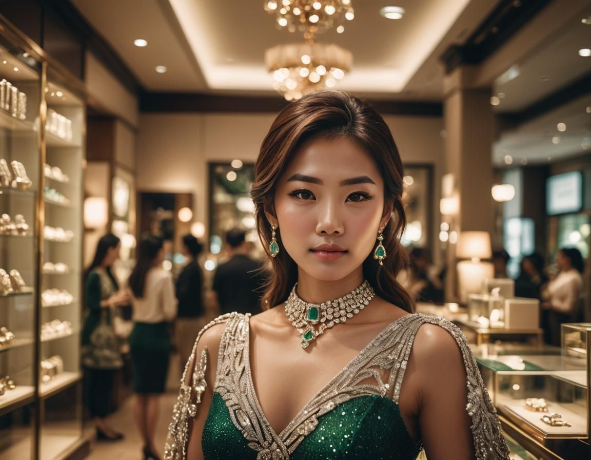 Asian Woman in Jewelry Store with Emerald Diamond